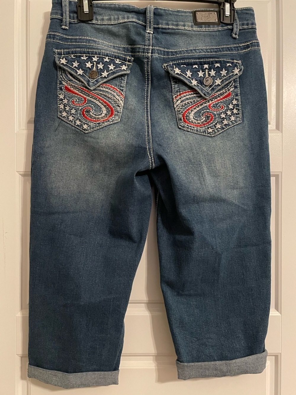 Earl Capri Cropped Jeans, Medium Blue with Red, White &Star Embroidery on pocket